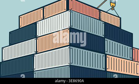 Mitarbeiter verwalten das Stapeln von Versandcontainern in einem Hafen. Die Szene zeigt einen Baukran, der Container für die Verteilung hebt. Verschiedene Farben Stockfoto