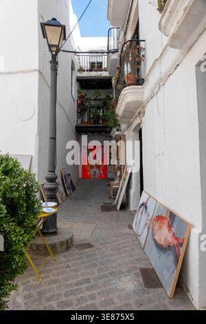 Vejer de la Frontera, Cádiz, Spanien - 12. April 2026: Malerische, enge Kopfsteinpflasterallee zwischen weiß getünchten Gebäuden mit mehreren zeitgenössischen Gebäuden Stockfoto