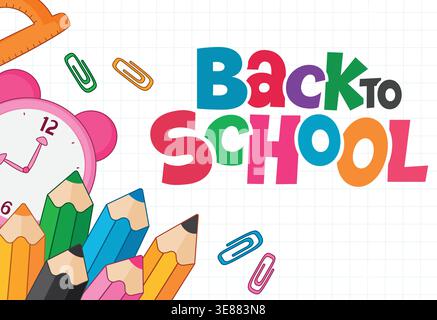 Back to School farbenfrohe Typografie-Text-Clipart. Back to School farbenfrohe, bearbeitbare Wortclips mit Farbstift, Wecker und Büroklammer im Raster Stock Vektor