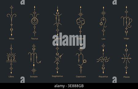 Elegante Sammlung von zwölf Sternzeichen im minimalistischen geometrischen Linienstil. Goldene Linien auf dunklem Hintergrund sorgen für einen hochwertigen, luxuriösen Look. Pro Stock Vektor