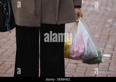 Frau, die tagsüber Lebensmitteltaschen auf der Stadtstraße hält Stockfoto