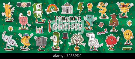 Cartoon groovige Finanzfiguren Aufkleber Pack. Goldene Bar und Geldmünze, Dollarscheine Pack, Sparkasse, Kreditkarte und Safe, Quittung Geschäft und Finanzen groovige Vektor funky Persönlichkeiten Aufkleber Stock Vektor