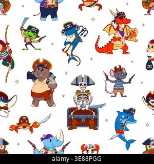 Nahtloses Muster von Tierpiraten und Korsair-Schiffsbesatzungsfiguren. Niedliches Flusspferd, Frosch, Skelett, Maus, Delfin, Krabben, Hammerhai, Affen, Nashörner, Drachen für Kindertextilien Stock Vektor