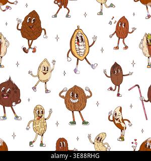 Cartoon-Muster mit groovigem Nuss- und Samenmuster. Stoff Vektor Muster, Textil groovy nahtlose Hintergrund mit Kakaobohnenschote, Mandel Kokos und Walnuss, paranuss, Cashew groovy Persönlichkeiten Stock Vektor