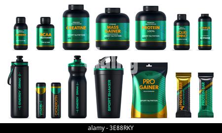 3D Sport-Ernährungspaket und Flaschenmodell, Molkenprotein. Schwarze Kunststoffbehälter, Schüttler und Leisten. Realistische Vektor-Fitness-Ergänzungsflaschen. Gainer, Kreatin, bcaa, Aminovitamine, Energy Drink Stock Vektor