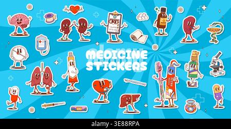 Groovige menschliche Körper Organ- und Medizin-Zeichen Aufkleber von Gehirn, Lunge, Nieren, Leber und Herz, Spritze, Verband, Mikroskop und Blutbeutel, Stethoskop, Klemmbrett, Thermometer, Pille und Zahnpasta Stock Vektor