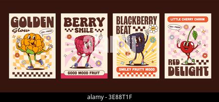 Lustige Plakate mit Ripe Beeren, groovige Hippie-Charaktere mit Vektor-Slogans. Goldenes Leuchten, 100% frische und gute Stimmung. Brombeerschlag, Lächeln fruchtiger Stimmung, kleiner Kirschzauber und roter Genuss Stock Vektor