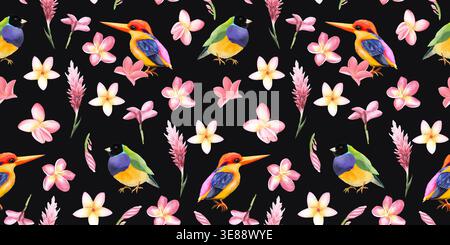 Aquarellmuster mit tropischen Vögeln und Plumeria-Blumen auf schwarzem Hintergrund. Helle exotische Illustration mit Blättern und Blütenblättern. Perfekt für Stockfoto