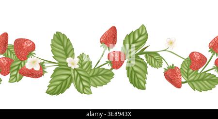 Nahtlose horizontale Umrandung Illustration von leuchtenden roten Erdbeeren, verwoben mit üppigen grünen Blättern und zarten weißen Blüten auf einem Licht. Stockfoto