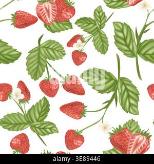 Nahtloses Muster mit leuchtenden roten Erdbeeren, grünen Blättern und kleinen weißen Blumen auf einem weichen, frischen und natürlichen Sommermotiv. Stockfoto
