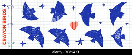 Blauer Buntstift Vogel Set mit Taubenflocke auf Notizheftpapier und rotem Herz. Einfaches blaues Kritzelchen- und Buntstift-Symbol für Schule oder Aufkleber. Vektor-Scribble Stock Vektor