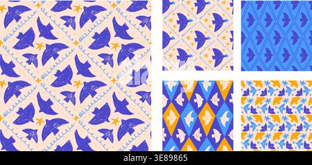 Buntstift-Vogelmotiv im nahtlosen Karomuster mit geometrischen Argyle-Sternen. Blaues und oranges Vogelmuster für Zirkusplakate und Geschenke. Naive Hand dr Stock Vektor