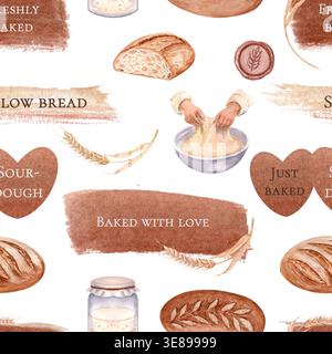 Handwerkliches Brot nahtloses Aquarellmuster mit Schriftzug, Sauerteig, Weizen, Teig, Pinselstriche, Texturen, handgemaltes Backwarendesign für Verpackungen Stockfoto
