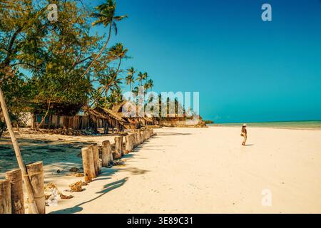 Frau, die am White Sand Beach mit Palmen und strohgedeckten Hütten am Uroa Beach, Sansibar, Tansania läuft Stockfoto