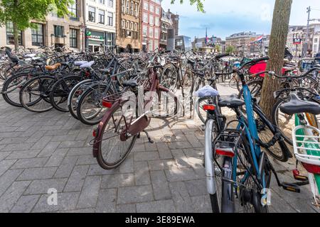 Zahlreiche Fahrräder parkten in der Rokin Street im Zentrum von Amsterdam Stockfoto