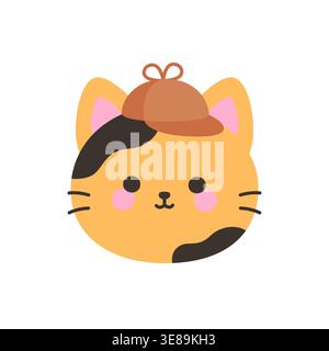 Niedliches kawaii Calico Katze Gesicht trägt braunen Detektivhut Vektor Illustration Clipart Aufkleber Stock Vektor
