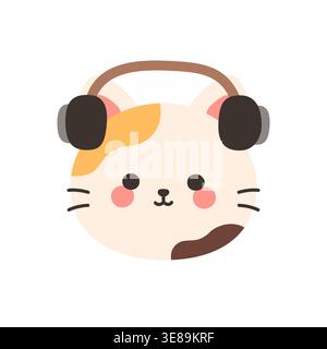 Niedliches kawaii Calico Katze Gesicht trägt braune DJ Kopfhörer Vektor Illustration Clipart Aufkleber Stock Vektor