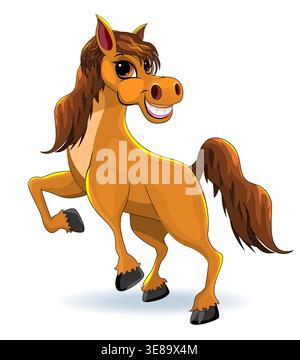 Schönes braunes Cartoon-Pferd auf weißem Hintergrund. Cartoon-Bauernhoftiere für Kinder. Stock Vektor