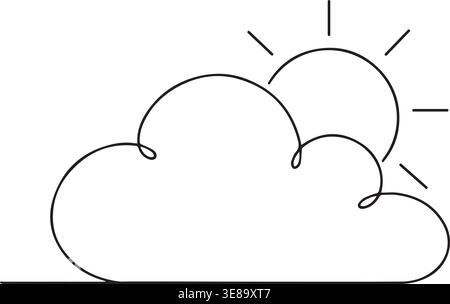 Minimale kontinuierliche Ein-Linien-Zeichnung einer Sonne hinter Wolken als Wetter-Symbol isoliert auf weißem Hintergrund Stock Vektor