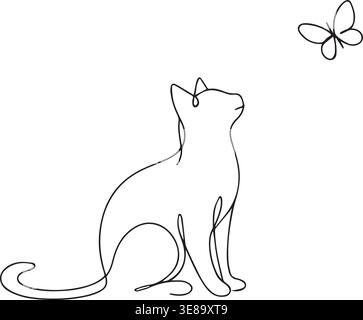 Minimale kontinuierliche Einliniendarstellung einer sitzenden Katze, isoliert auf weißem Hintergrund Stock Vektor