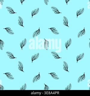 Nahtloses Muster mit handgezeichnetem abstraktem Blatt, umrissene botanische Illustration, blauer Hintergrund Stockfoto