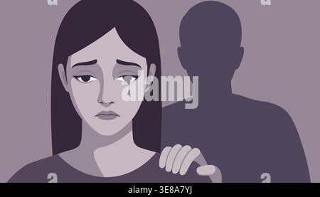 Traurige Frau mit einer Schattenfigur hinter der Belästigung, Angst, Missbrauch und mentales Distress-Konzept repräsentiert Stock Vektor