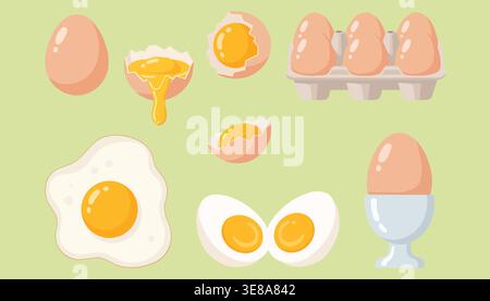 Eine Reihe von Eierillustrationen mit ganzen gerissenen und gekochten Eiern, die das Konzept des Frühstücks und Kochens darstellen Stock Vektor