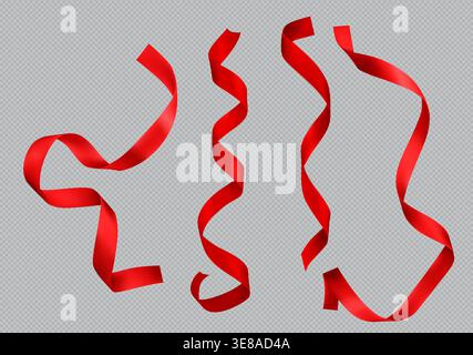 Rotes Satinband mit verdrehten Spiralformen auf transparentem Hintergrund für Geschenkverpackung oder Dekoration. Glänzende Seidenbänder – fließende Stoffbandelemente für festliche Designs oder Geburtstagsgeschenke. Stock Vektor