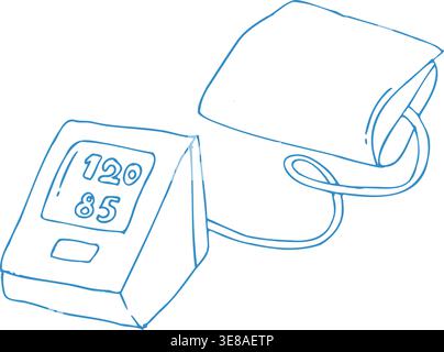 Blaue Kontur des Symbols für die Blutdruckmessung. Sphygmomanometer mit Manschette, Gesundheitsüberwachungsgerät isoliert auf weiß. Doodle-Vektor-Illustration des automatischen Blutdruckmessgeräts. Stock Vektor