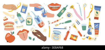 Aufkleberset für Zahnpflege. Vektorillustration mit Reinigungswerkzeugen und Mundhygieneprodukten. Zahnbürste, Zahnpasta, Zahnseide und Spülmaschine. Cartoon Flat Style, Zahnheilkunde Konzept. Zahnärztliches Werkzeugset. Stock Vektor