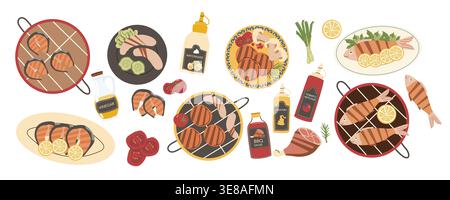 Grillset, Grillgerichte aus Fleisch und Fisch. Grill, Grill, Steak, Würstchen und Fisch. Steaks, Tomaten, Ketchup, Senf und Tatarflaschen isoliert. Stock Vektor