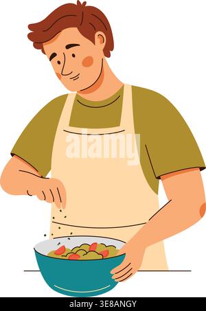 Ein zufriedener Mann auf einer Schürze fügt einem frischen Salat Gewürze hinzu. Kochszene mit gesundem Essen Stock Vektor