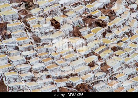 Terrassen-Salinen, die in den Andenhang bei Maras in Peru eingemeißelt wurden und die geometrischen Muster des traditionellen Bergbaus zeigen. Stockfoto