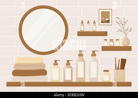 Badezimmer-Innenregal mit Schönheitspflegeprodukten und Spiegel-Vektor-Illustration. Stock Vektor