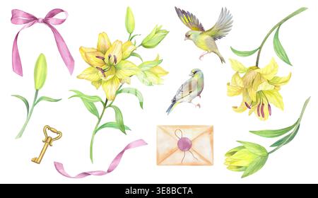 Set aus gelben Lilien, Schleife, Band, Umschlag, Vögeln und Schlüssel. Handgemachte Aquarellillustration. Für Verpackungsdesign, Karten, Umschlag, Ausdrucke, Produkte Stockfoto
