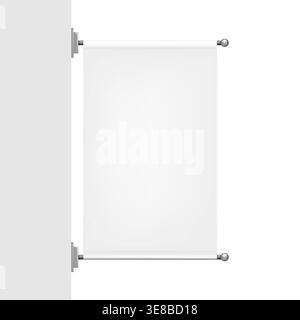 Weißes leeres Banner zur Wandmontage mit zwei Stangenhülsen realistisches Vektormodell. Außenschild-Mockup. Leere Vorlage für das Design Stock Vektor