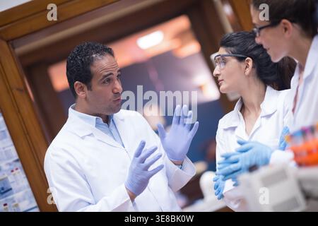 Junge Mediziner und Labortechniker diskutieren Bluttestverfahren im klinischen Labor Stockfoto