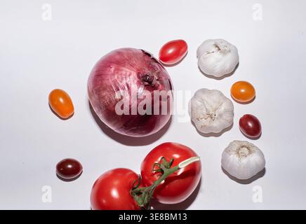 Bio-Produkte aus dem heimischen Gemüsegarten. Rote Bio-Zwiebeln, weißer Knoblauch und eine Vielzahl frischer Tomaten, groß und klein! Stockfoto