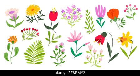 Buntstift-Blüten in Kreidepastellstil - handgezeichnete Frühlingsblüten aus Tulpen, Gänseblüten, Rosen und Wildblumen in kinderfreundlicher Ästhetik. Vektor-Set für Kinder Grußkarten oder botanisches Design Stock Vektor