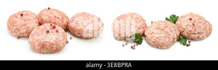 Ungekochte Fleischpasteten isoliert auf weiß, Set Stockfoto