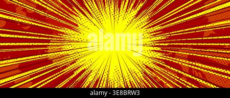 Anime-Explosionshintergrund mit dynamischen radialen Burst-Linien und Rasterpunkten. Geschwindigkeitseffekt im Comic-Stil mit hellgelbem Zentrum und roten Strahlen – energiegeladenes Bewegungsmuster für Manga-Action-Szenen. Stock Vektor