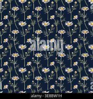 Nahtloses Aquarellmuster mit wilden Kamillenblüten auf einem dunkelmarineblauen Hintergrund. Das handgemalte Blumendesign umfasst zarte weiße Gänseblümchen Stockfoto