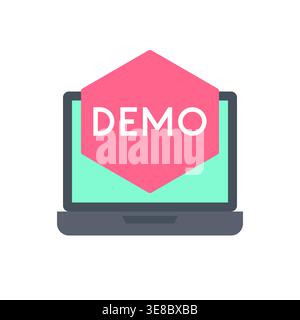 Laptop zeigt Demo-Abzeichen mit rosafarbenem sechseckigen Etikett Vektor-Illustration Stock Vektor