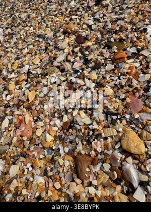 Ein detaillierter Blick von oben auf eine Meeresküste, die mit bunten Kieselsteinen, zerquetschten Muscheln und nassem Sand bedeckt ist. Stockfoto