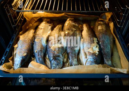 Gebackene ganze Forelle im Ofen, gesundes Essen Stockfoto