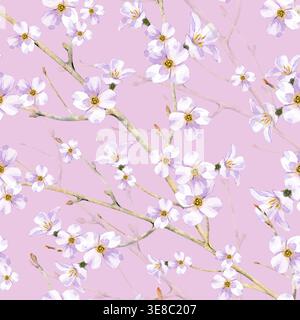 Nahtloses Aquarellmuster mit wunderschönen Frühlingskirschblüten. Das handgemalte Design zeigt hellrosa Blüten auf zarten Ästen. It Stockfoto
