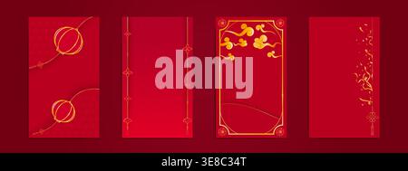 Chinesische rote Umschläge mit goldenen Rahmen. Vektor realistische Illustration des traditionellen asiatischen Angpao-Designs mit Laterne und Ventilator, goldener Blumenschmuck, Geldgeschenkpaket, orientalische Grußkarte Stock Vektor