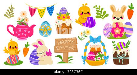 Osterhase, Küken und farbige Eier Zeichentrickelemente, Korb mit Kuchen, Frühlingsblumen in Gießkanne oder Teekanne, Happy Easter Holzschild. Niedliche Vektor-Illustrationen, lustiges Baby-Tier-Design Stock Vektor