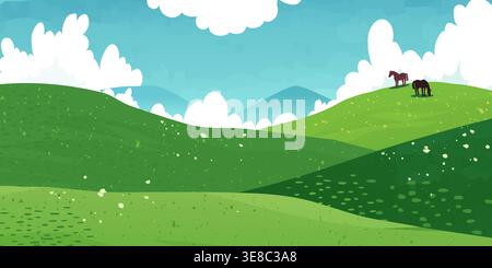 Grünes Bergtal oder Wiese, sanfte Hügel mit zwei Pferden, Vektorillustration. Natürliche Frühlingslandschaft mit Grasfeldern, Nutztieren und blauem Himmel mit weißen Wolken Stock Vektor