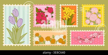 Vintage Briefmarken Frühlingsblumen Sammlung, Vektor-Illustration. Blumendesign im Retro-Postrahmen. Blühende Rosen, Tulpen und Narzissen Grenzen auf gestreiftem oder gepunktetem Hintergrund Stock Vektor